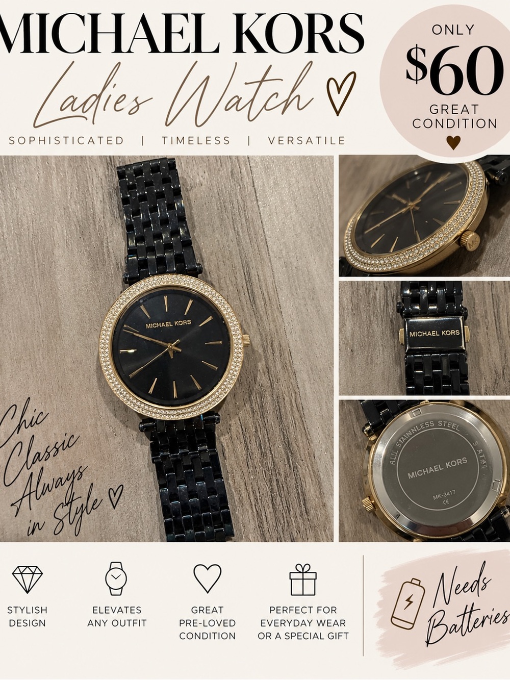 Michael Kors Black and Gold Crystal Bezel Women's Watch